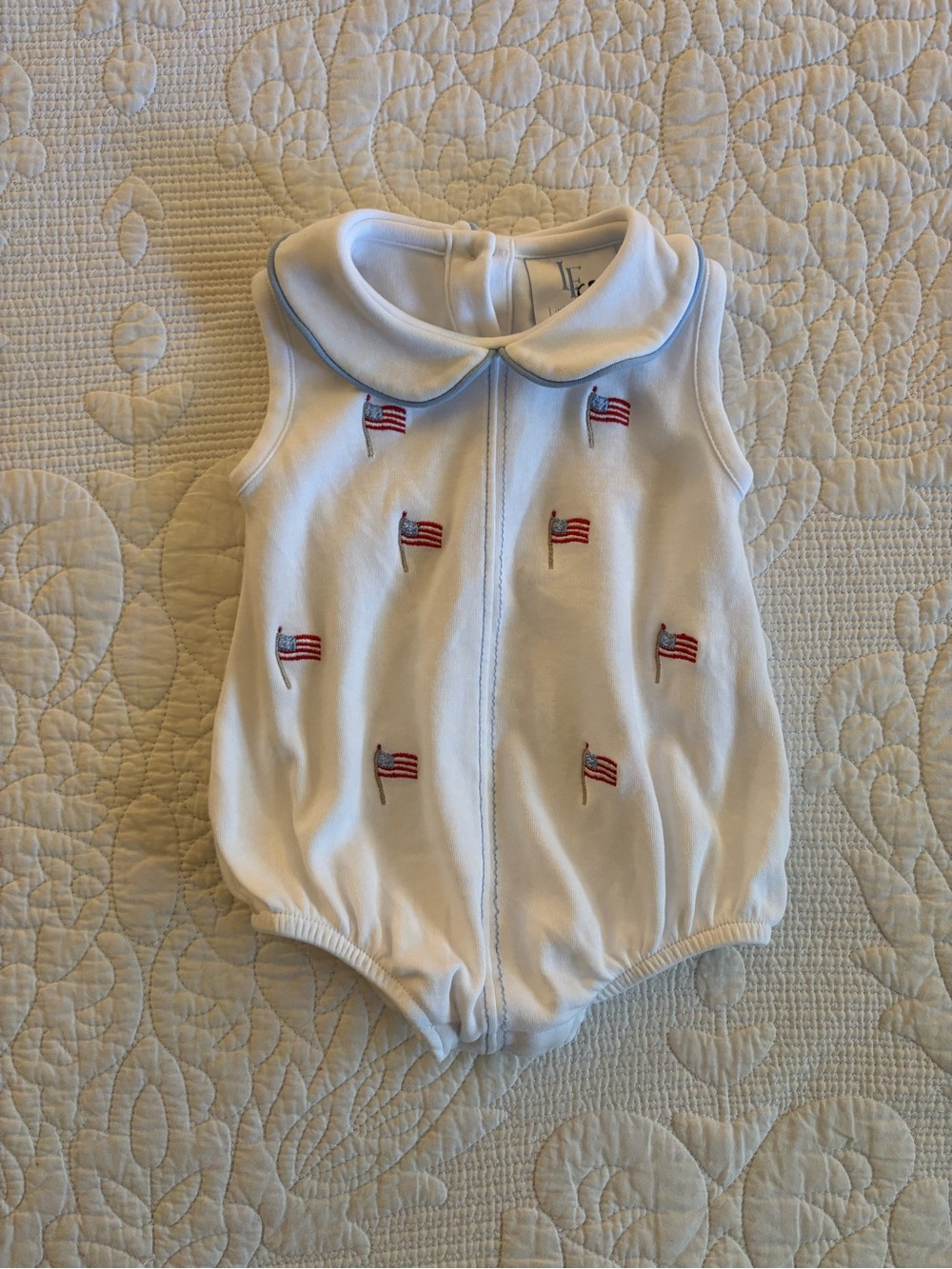 Little English White Sleeveless Baby Romper with Red & Blue Flag Embroidery